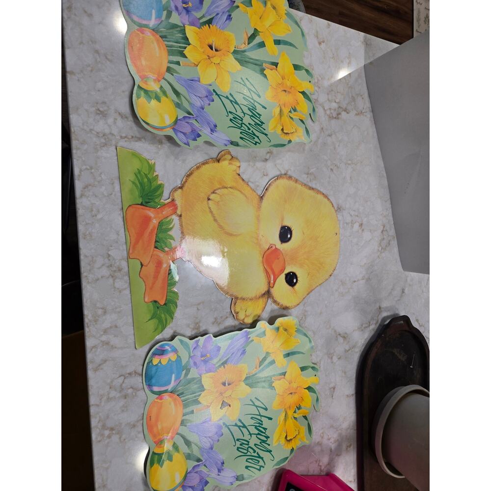 3 Vintage Easter Decorations Double Sided Cardboard Cutouts Wallhangings